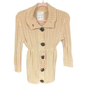 Aeropostale Womens Y2K Chunky Button Cardigan Sz M Beige Ramie Preppy Tie Waist